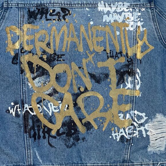 Jean jacket Denim Trucker Jacket Painted Graffiti Five By Five Distressed small - Picture 6 of 6